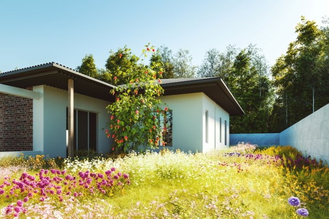 A home surrounded by a lawn made of wildflowers.