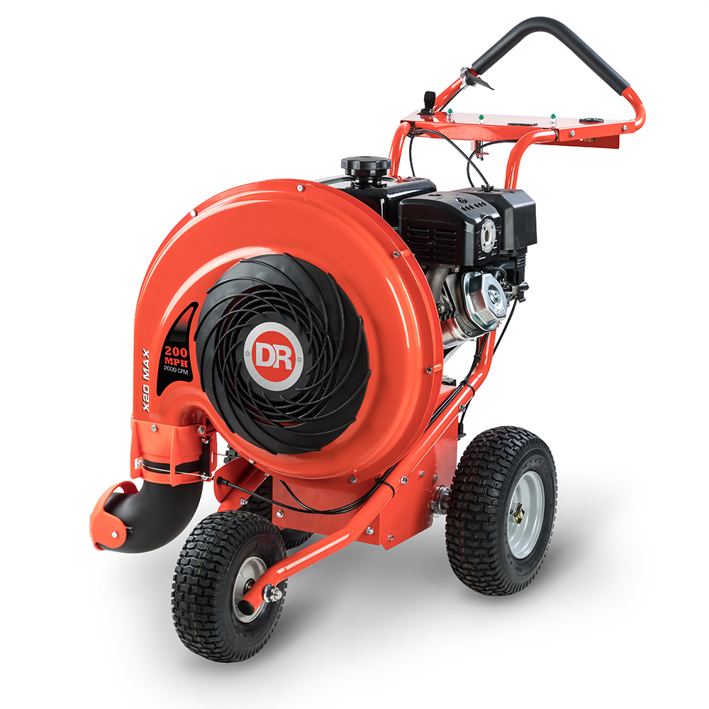 A DR Power leaf blower sits against a white background.