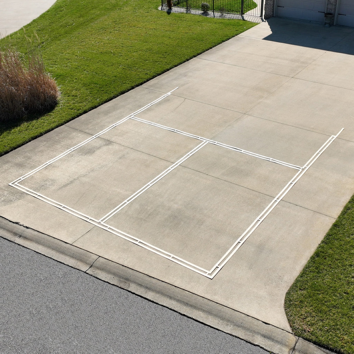 Pickleball court stencil is laid out on the driveway.