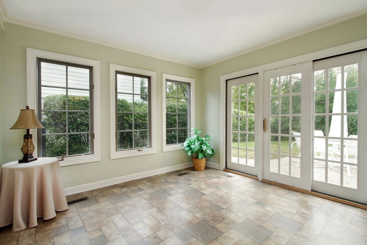 A view from the interior of a home of a patio door. 