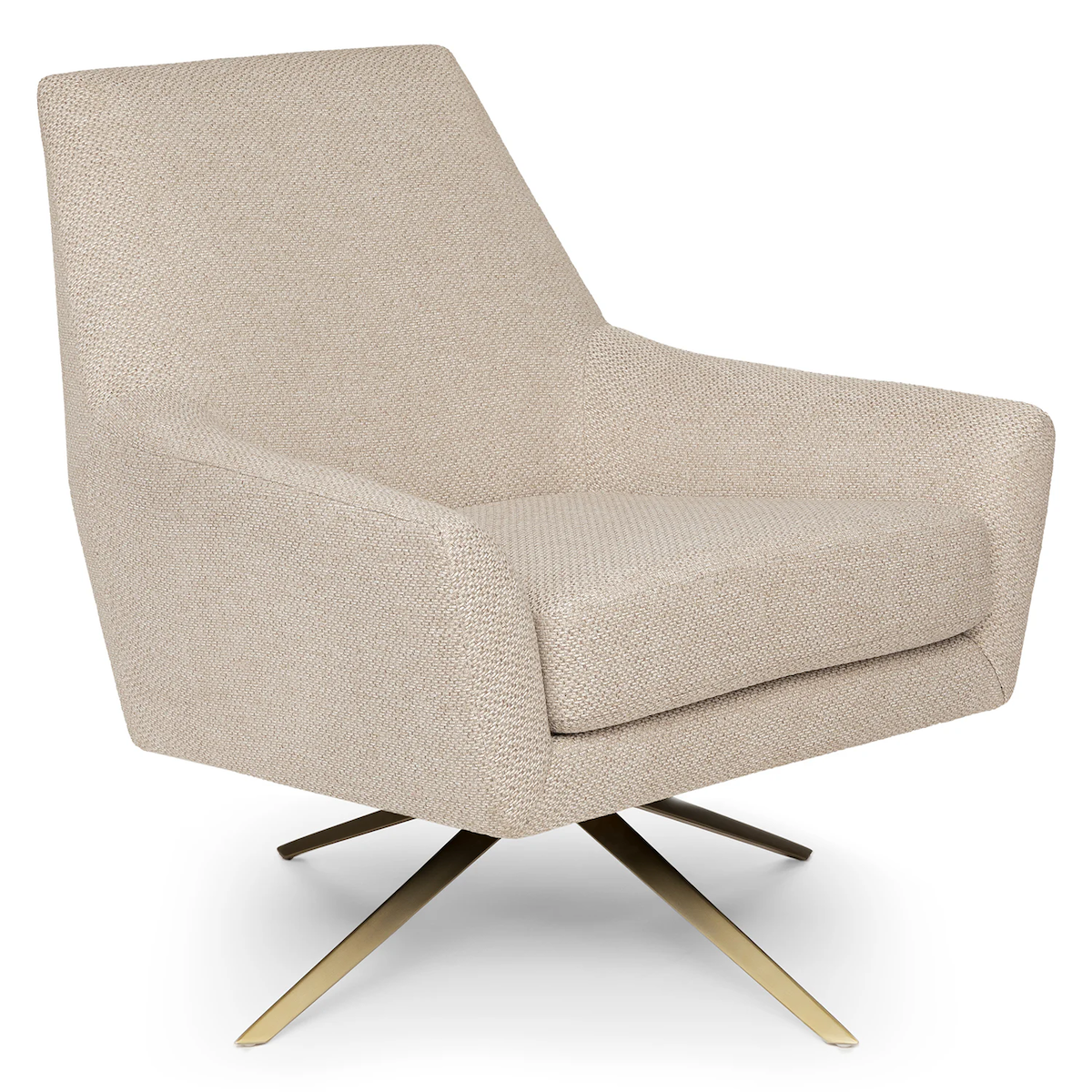 A beige upholstered swivel chair sits against a white background.