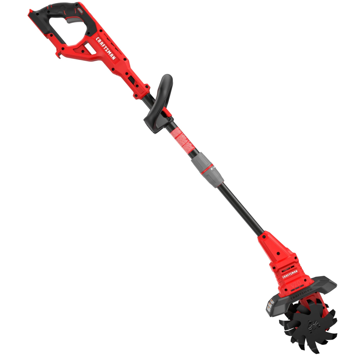 A red tiller / cultivator is against a white background.