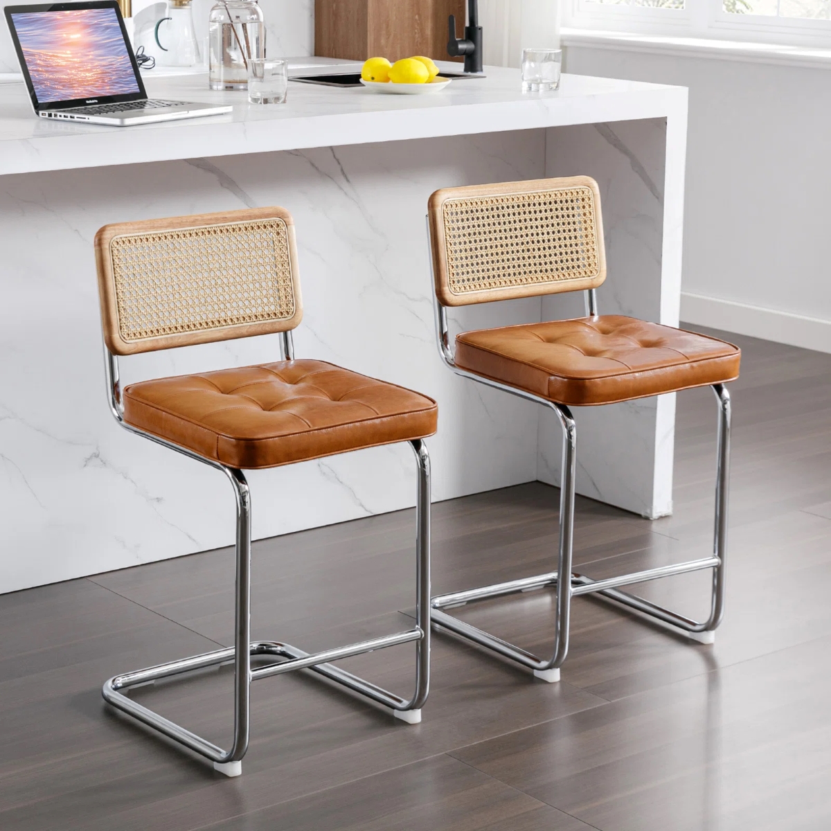 Brown rectangular faux leather counter stools.
