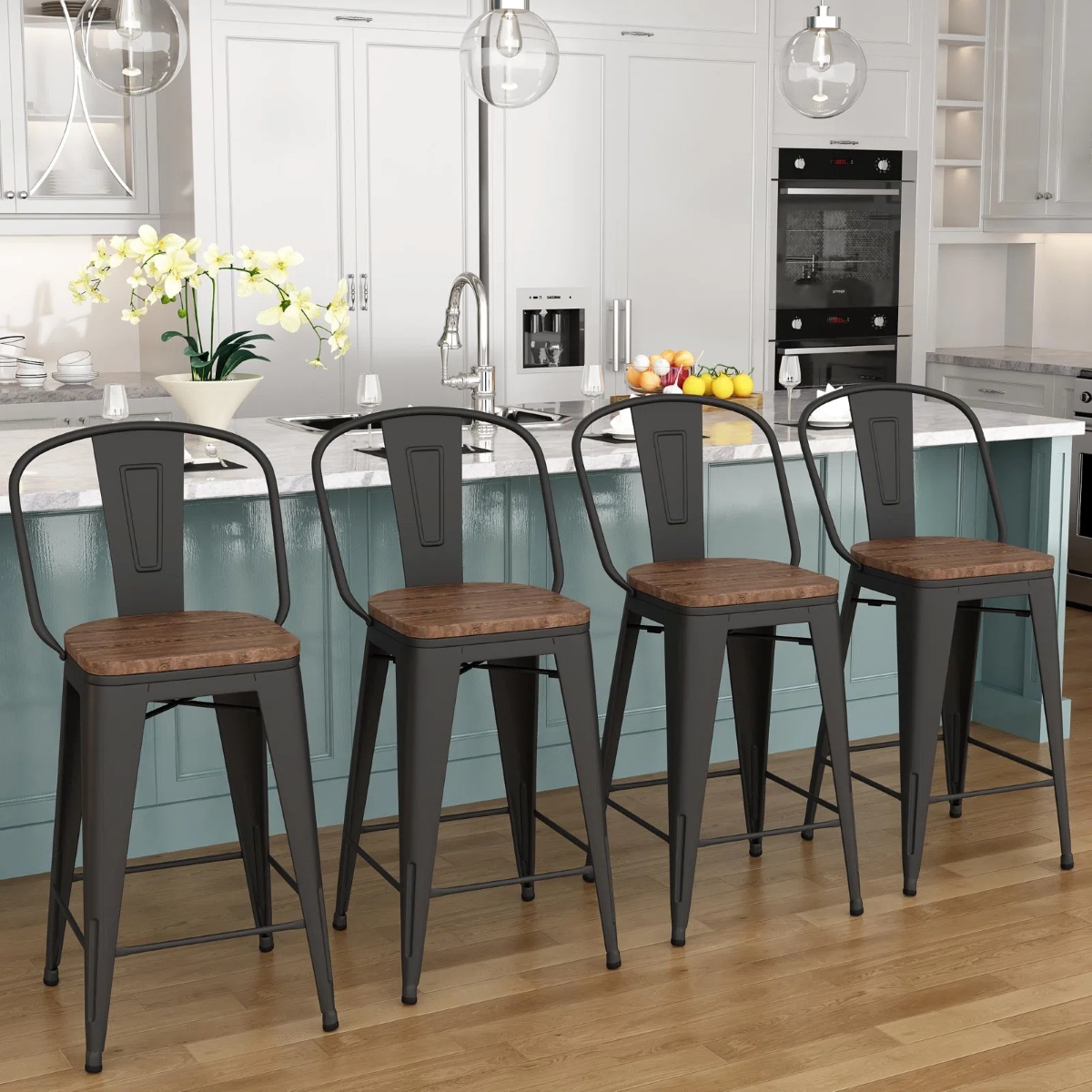 Four counter stools made of metal frames and wooden seats.
