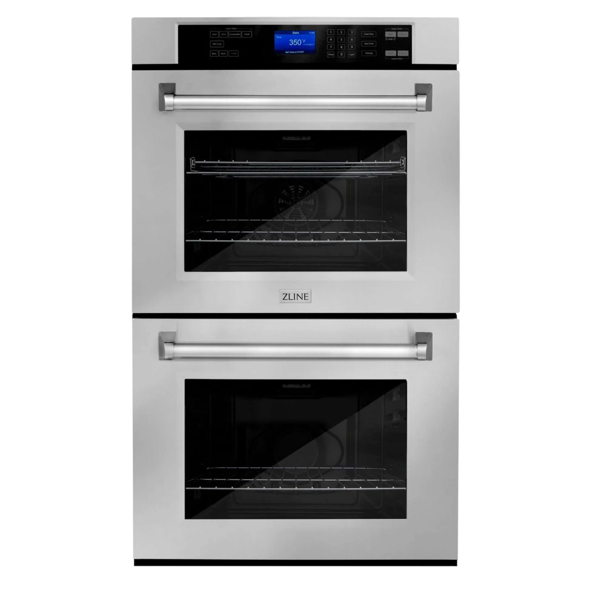 A stainless steel double oven is against a white background.