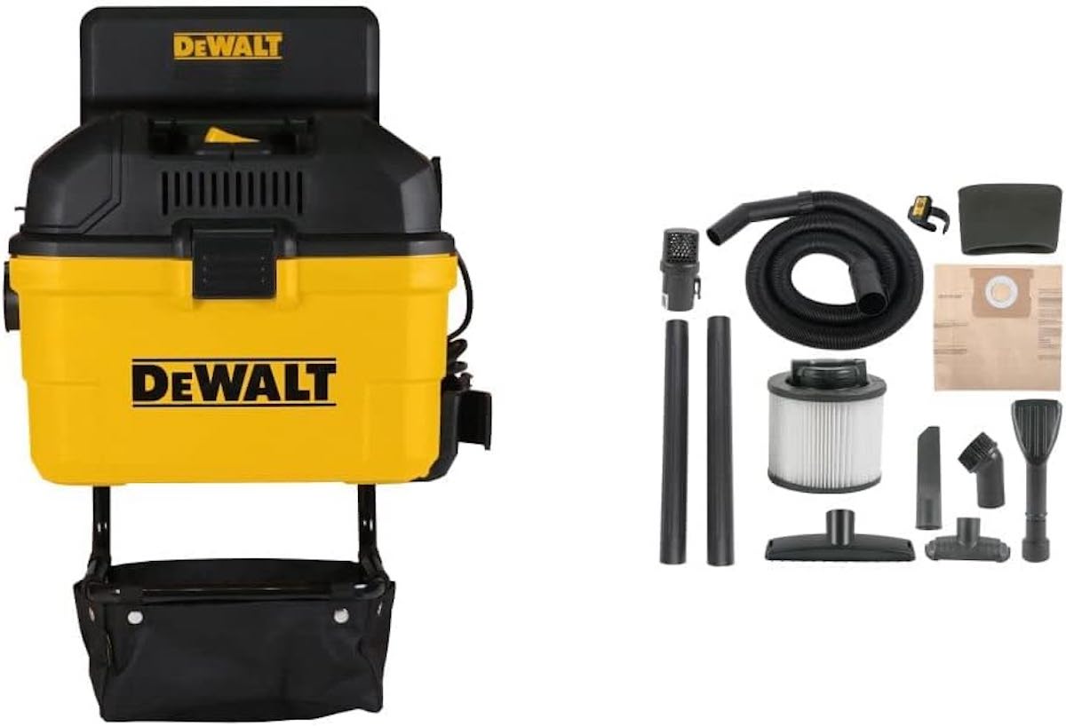 A DeWalt 6-Gallon 5 HP Wall-Mounted Wet/Dry Vac is on the left and its parts, attachments, and accessories are on the right on a blank white background.