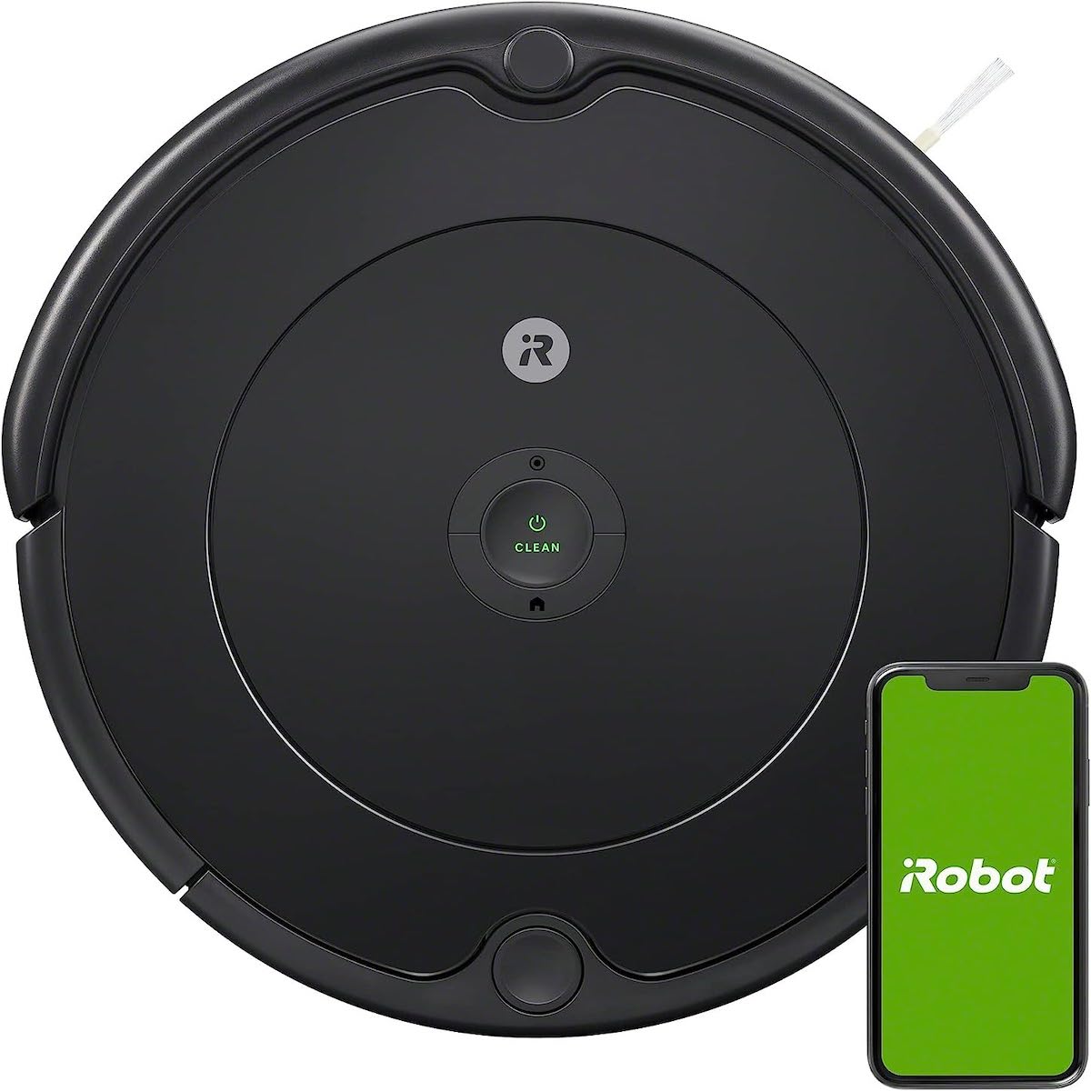 The iRobot Roomba 692 Robot Vacuum and a smart phone with a green-colored screen that says "iRobot" in white text with a blank white background.