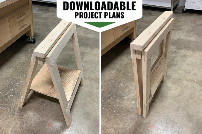 DIY sawhorses set up and folded with a graphic overlay that says downloadable project plans.