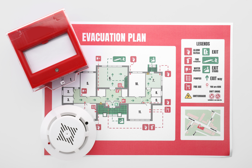 A close up of an evacuation plan and map.