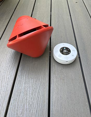The Lifebuoy BCone alarm system on a pool deck before testing.