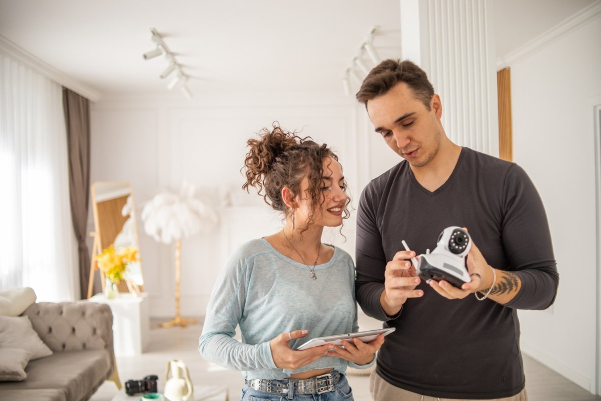 A man and a woman examine a home security camera and a tablet screen. 