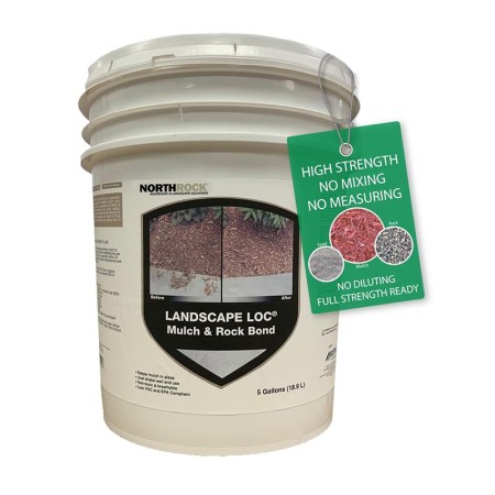  A 5-gallon bucket of NorthRock Landscape Loc Mulch and Rock Bond on a white background.