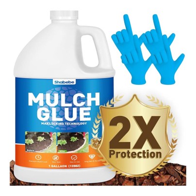 A jug of Shabebe Mulch Glue and rubber gloves on a white background.