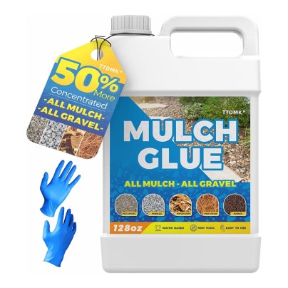 A jug of TTDMK Mulch Glue Concentrate and rubber gloves on a white background.