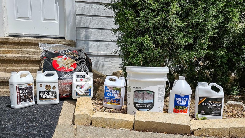 A group of the best mulch glues together on a front porch before testing.