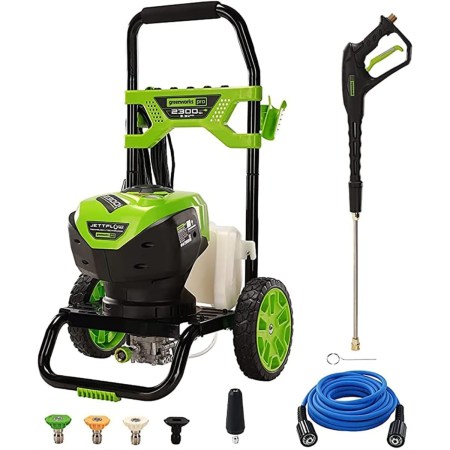 The Greenworks 2,300 PSI 2.3 GPM Electric Pressure Washer and its accessories on a white background.