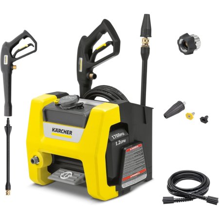  The Karcher K1700 Cube Electric Pressure Washer and its accessories on a white background.