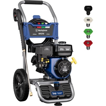 The Westinghouse WPX2700 Pressure Washer and its included tips on a white background.