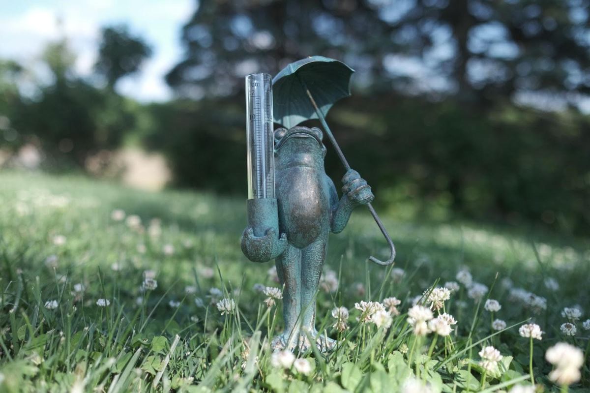 A frog-shaped rain gauge holding an umbrella on the grass