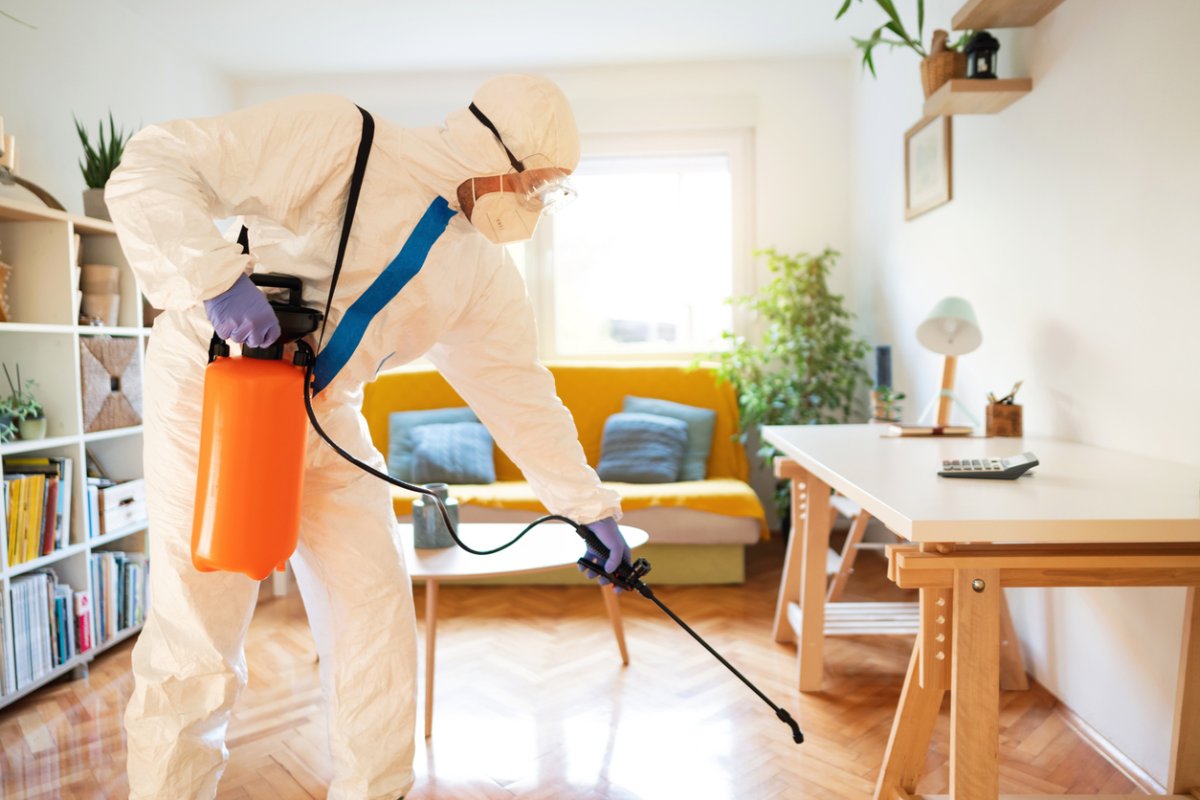 An exterminator in a white hazmat suit sprays a solution in a home office. 