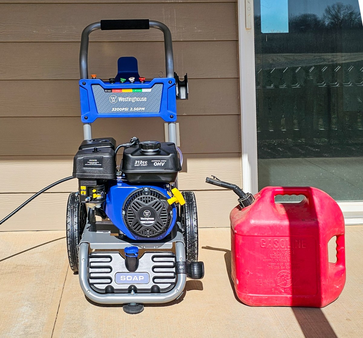 The Westinghouse WPX2700 Pressure Washer next to a gas can before testing.