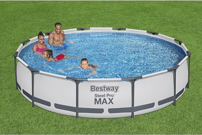 Family playing in a bestway above ground pool set in a yard