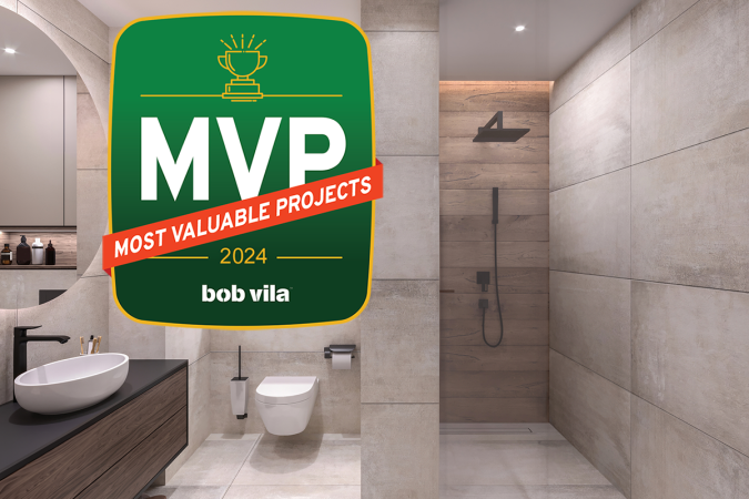 A modern renovated bathroom with water saving faucet, toilet, and shower head and a graphic overlay that says Bob Vila's most valuable projects of 2024.
