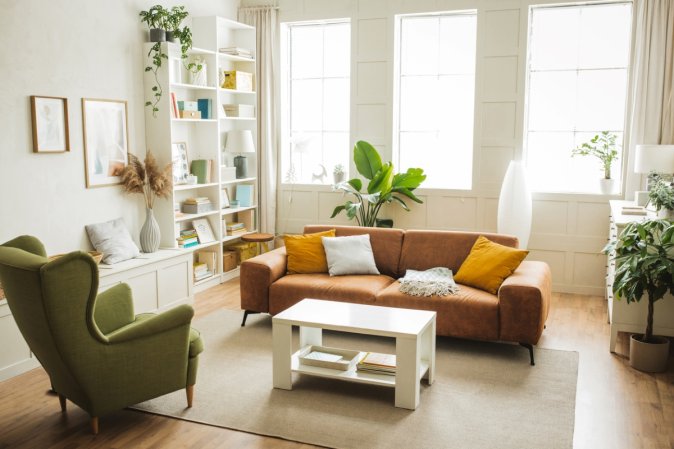 A furnished living room with natural light.