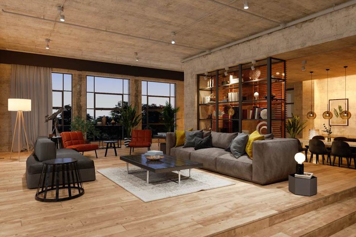 A living room shows elements of brutalism in furnishings and dark color scheme.