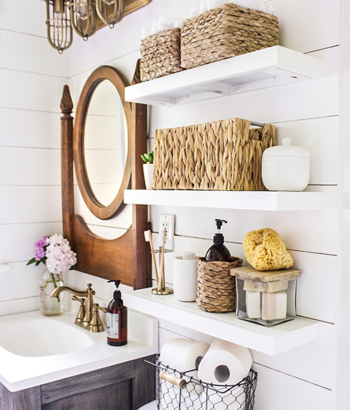 Floating shelves in bathroom.