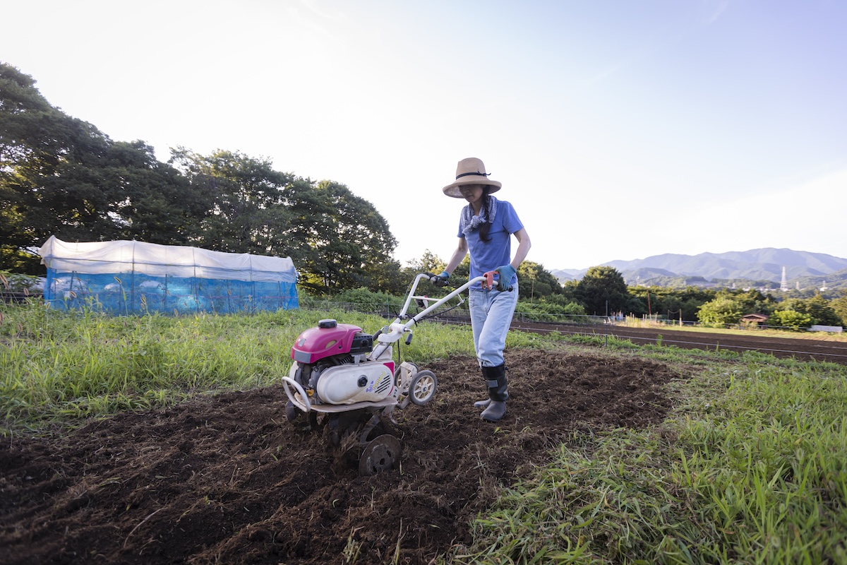 A woman with a straw hat pushes a garden tiller.