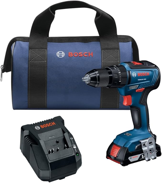 Bosch hammer drill kit with battery, charger, and carrying case