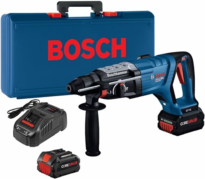 Bosch rotary hammer kit with battery, charger, and carrying case