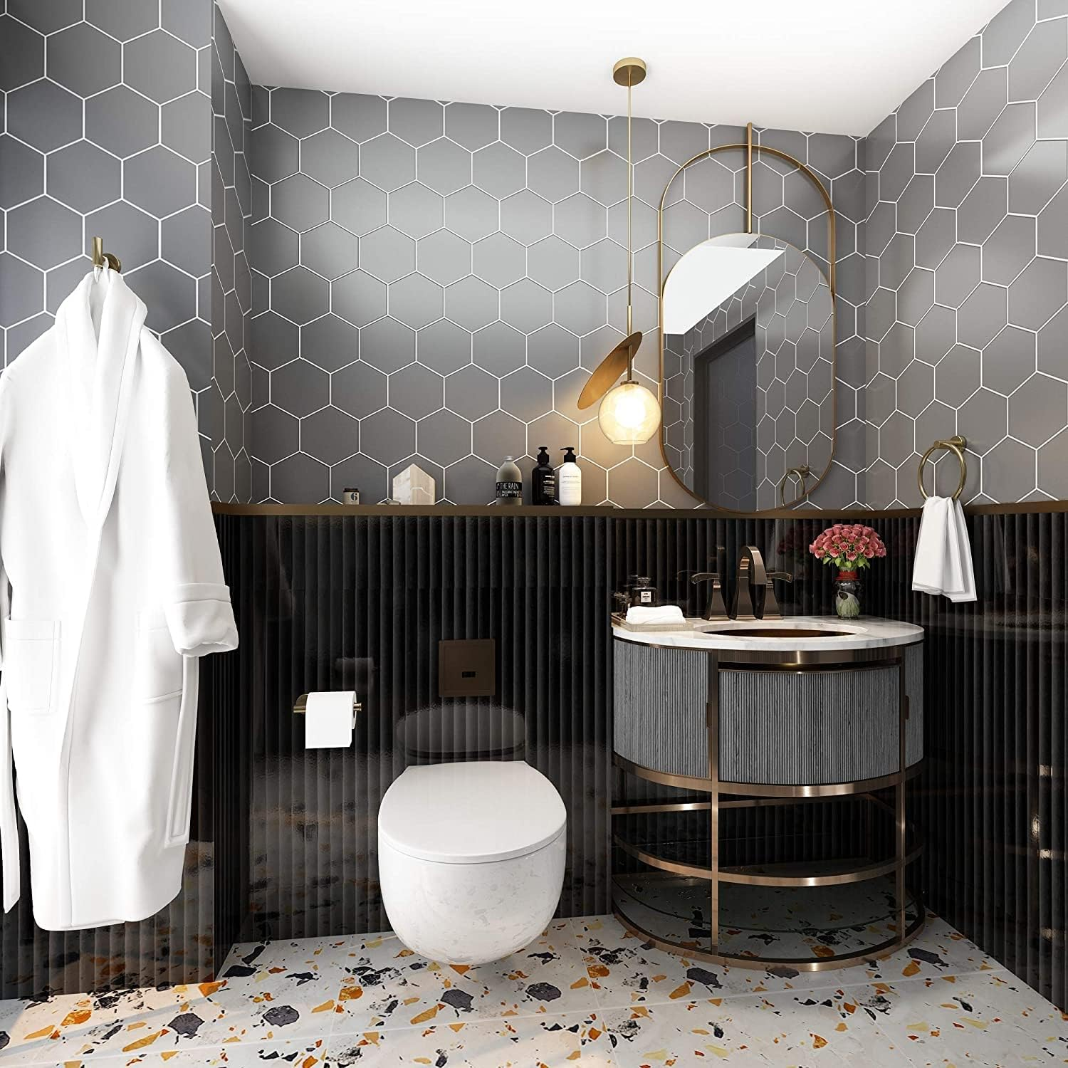 Gold bathroom accessories in a sophisticated bathroom design.