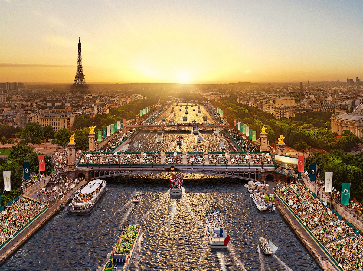 Aerial view of Paris with Eiffel tower and Seine river.