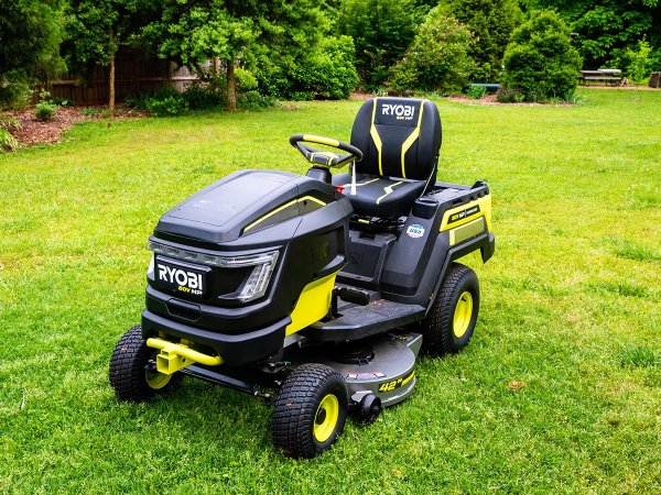 Ryobi 80V HP Electric Lawn Tractor on large grass lawn