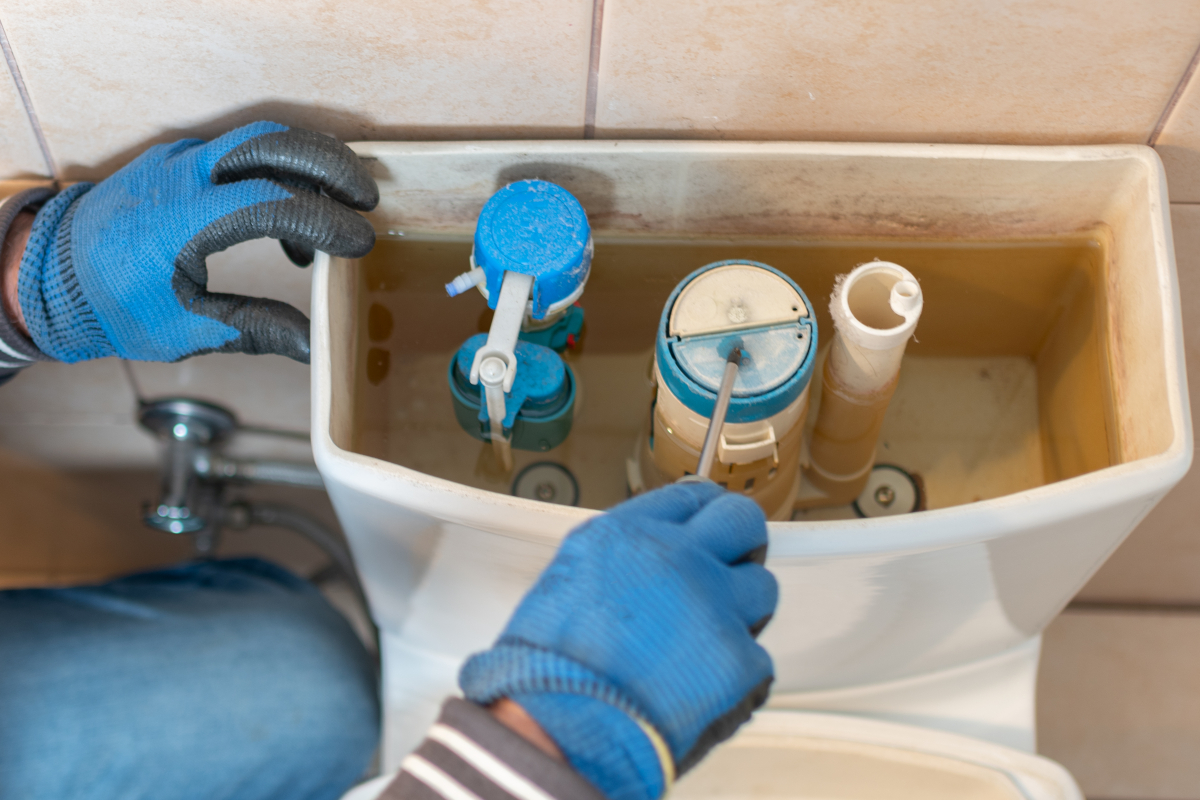 An open toilet tank's flush buttons and fill valve being inspected by a person wearing blue neoprene gloves.