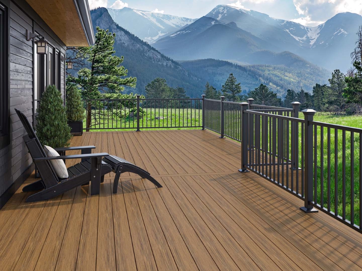 A composite deck with a mountain view.