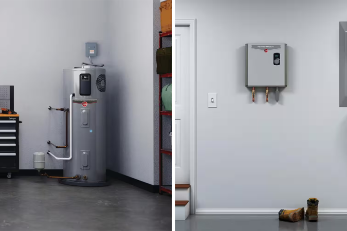 A side by side photo showing a heat pump water heater on the left and a tankless water heater on the right, both installed in a residential garage.