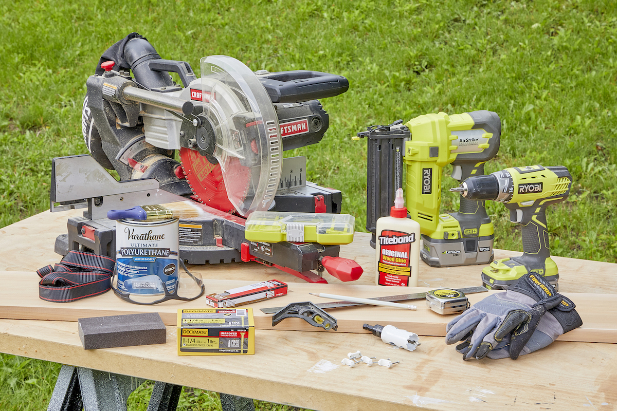 Tools and materials needed for building a birdhouse.