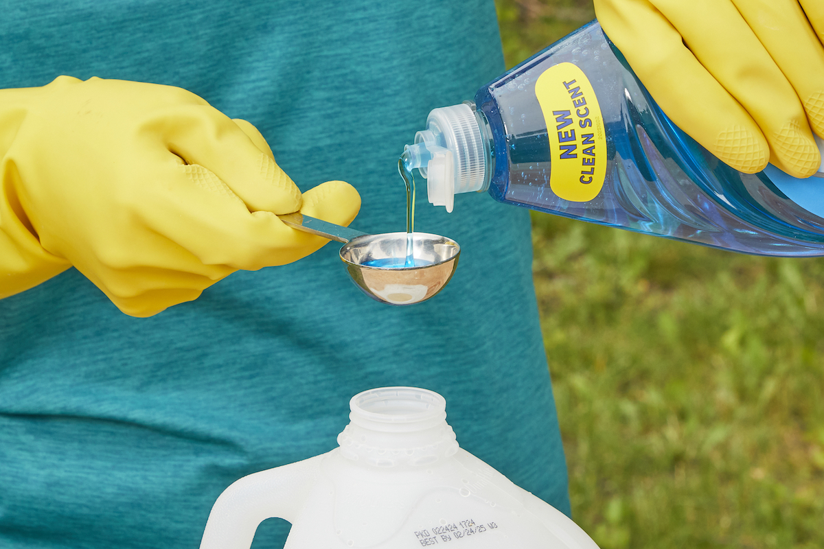 Woman measures dish soap into a gallon jug.