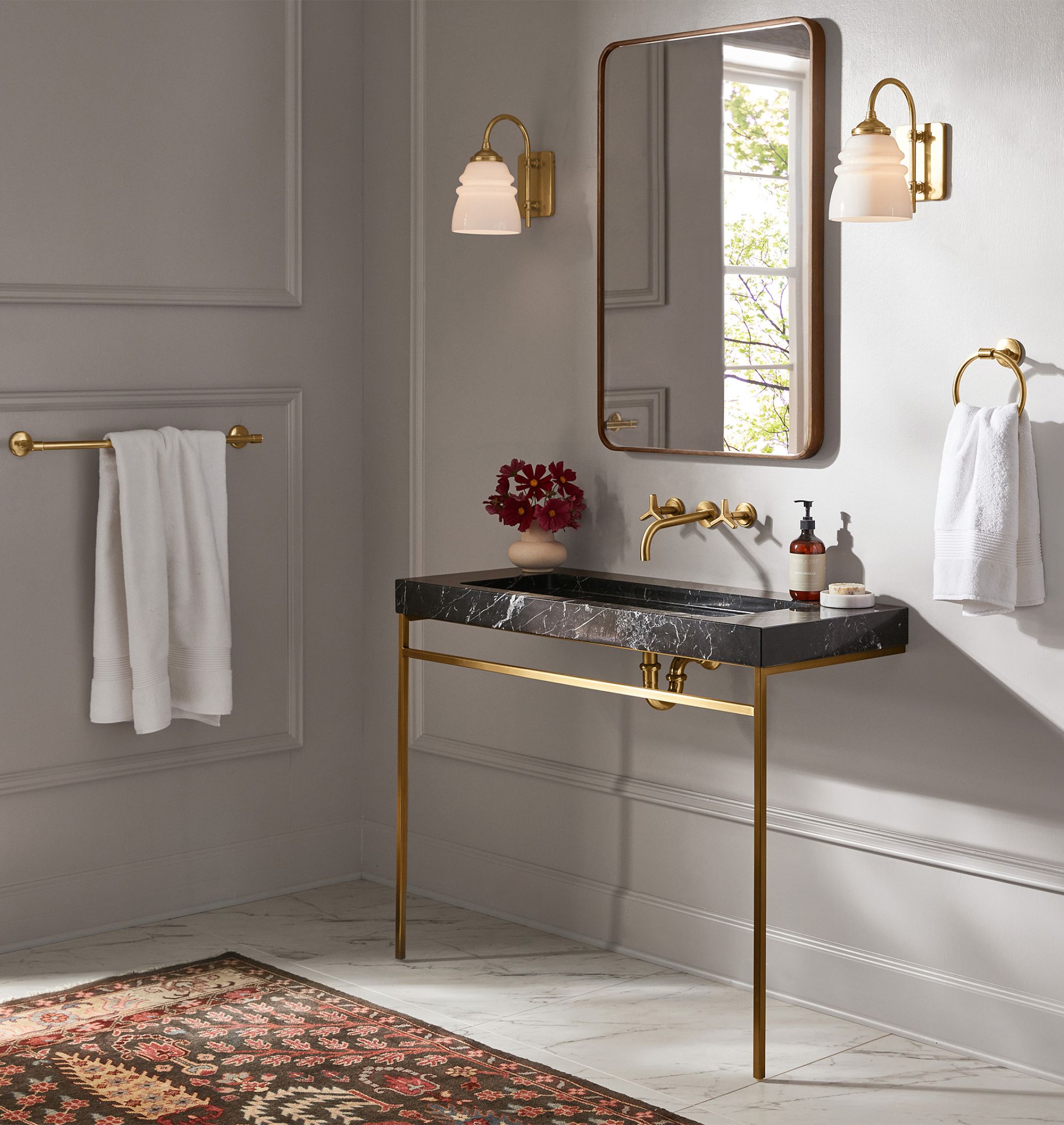 Rejuvenation 42-inch Winslow console sink in brass.