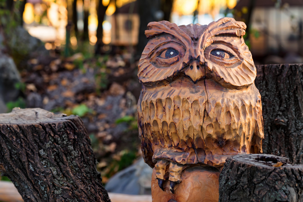 Decorative wooden owl sculpture in a yard.