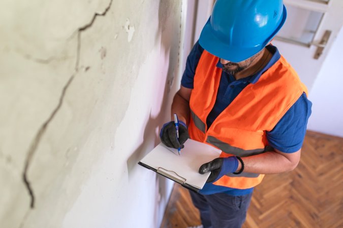 A foundation professional inspecting a large crack in a home foundation and walls.