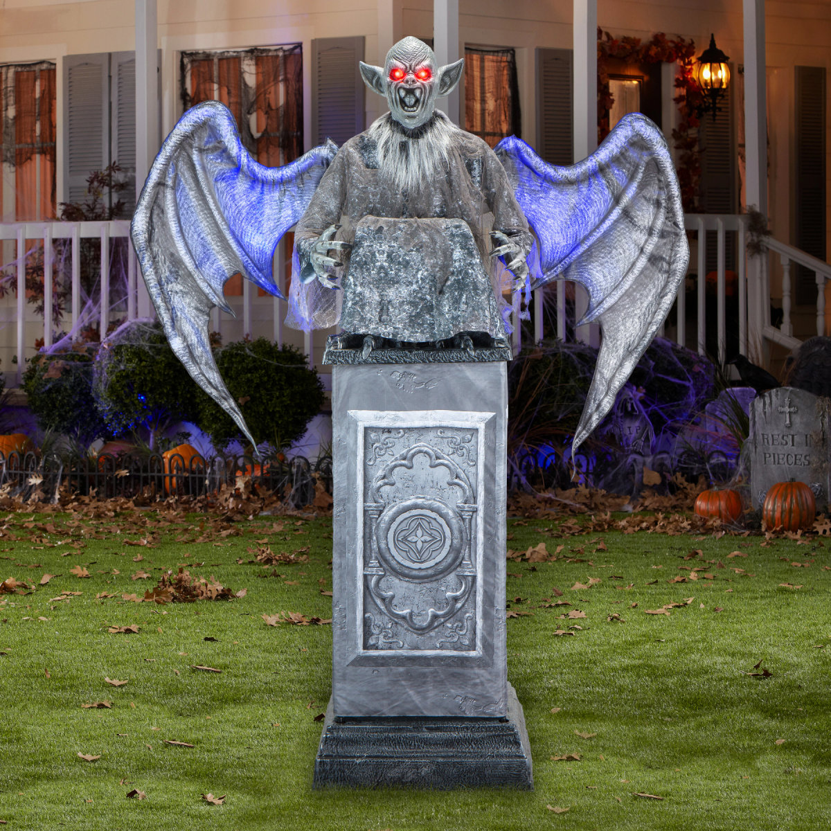 Talking gargoyle on a tombstone from Lowe's Halloween collection