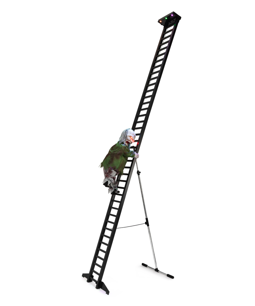 Animatronic zombie on a ladder from Lowe's Halloween collection