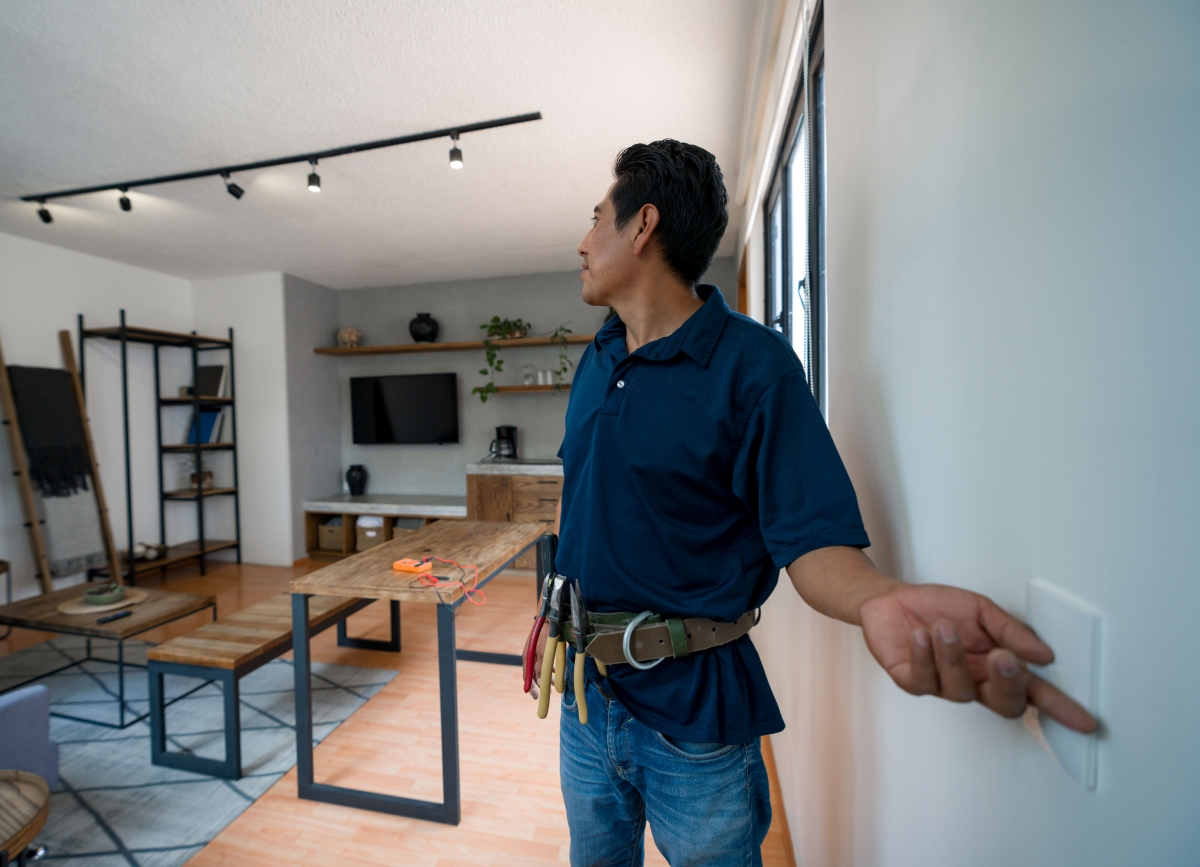 A professional electrician testing newly installed dimmer.