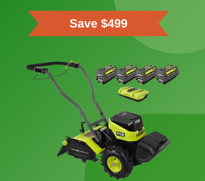 Ryobi tiller on green background