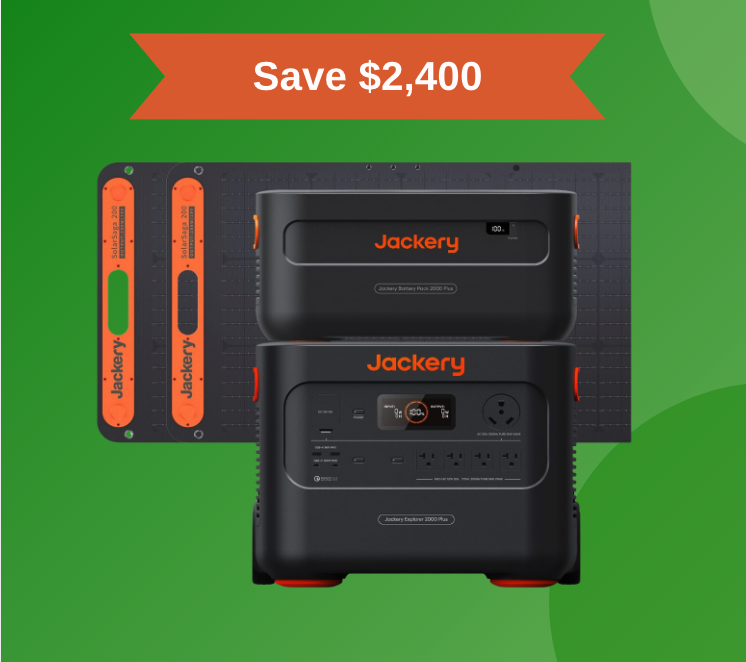 jackery portable generator and solar panels on green background