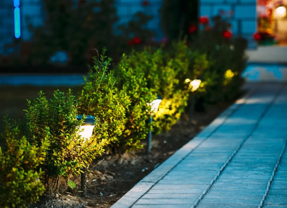 Landscape lighting lines the sidewalk of a home at night.